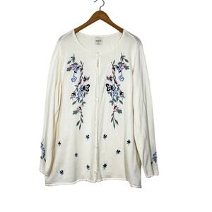Vintage Bedford Fair Cardigan Sz 2X  White Floral Embroidery Crew Neck Button Up